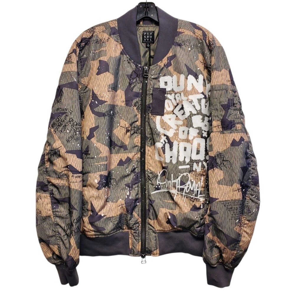 PUNK ROYAL Jacket Mens Large Green Camo Full Zip Graffiti Bomber DESTROY SKULL